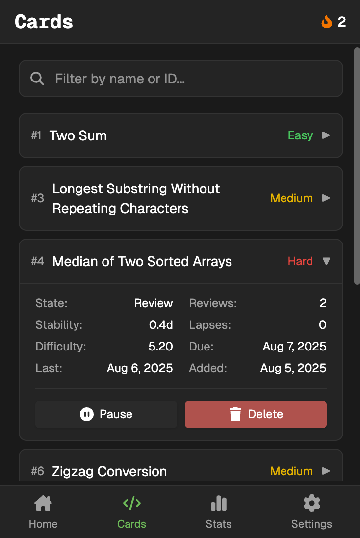 LeetSRS review cards