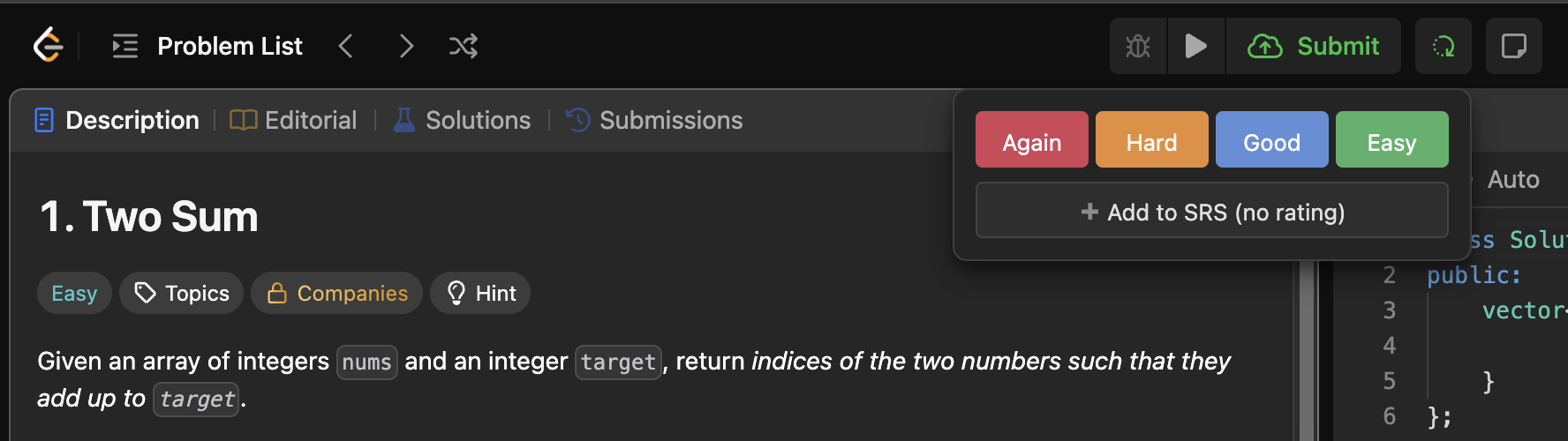 LeetSRS in action on LeetCode