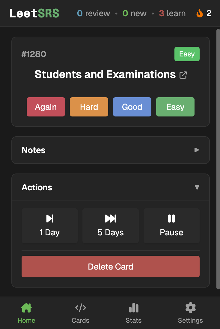 LeetSRS main dashboard